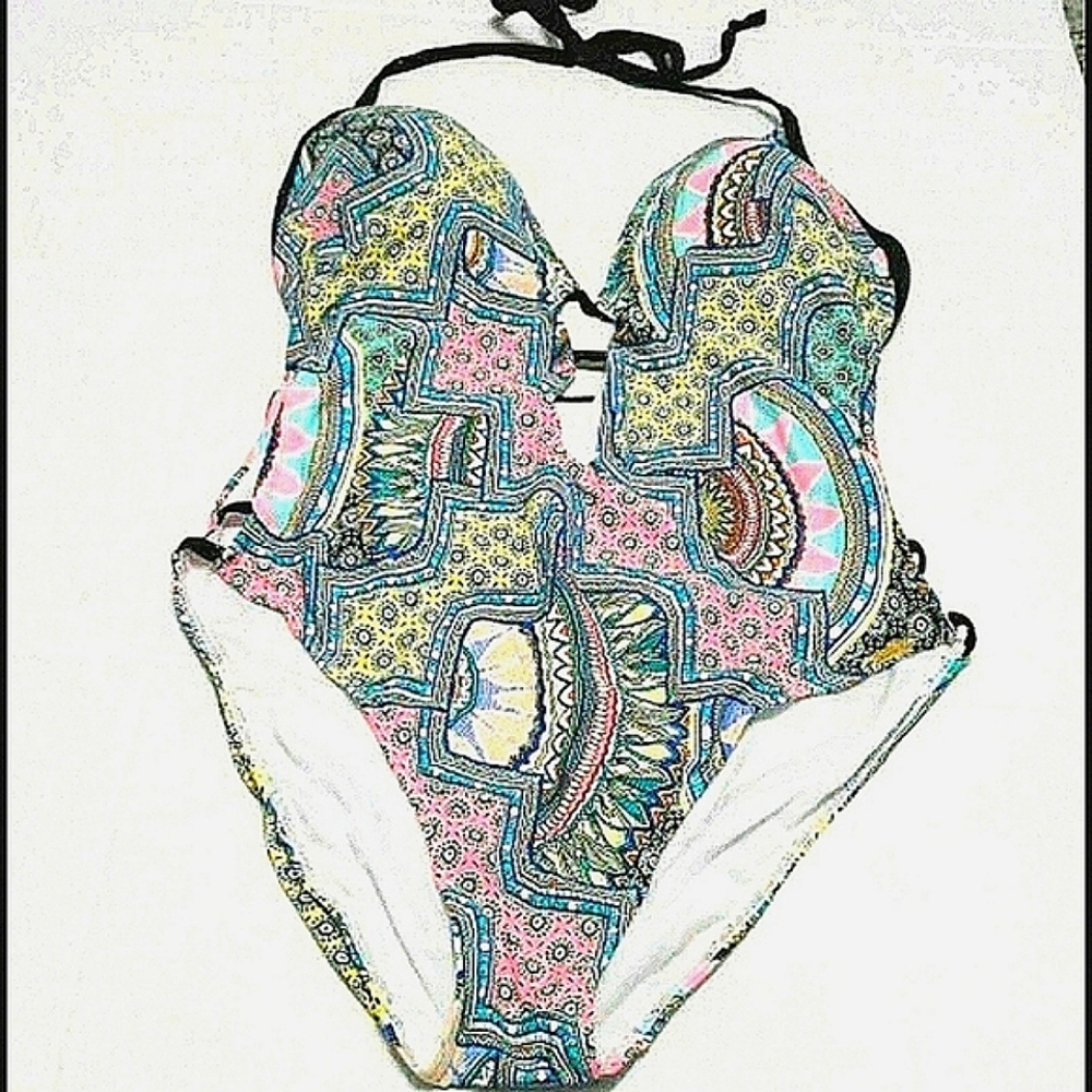 Pastels Patchwork Boho Hippie Print Retro 90s Cutout One Piece Swimsuit M
